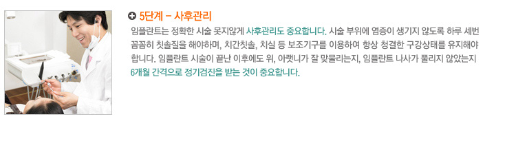 5단계 - 사후관리
임플란트는 정확한 시술 못지않게 꼼꼼하나 사후관리도 중요합니다. 시술 부위에 염증이 생기지 않도록 
하루 세번 꼼꼼히 칫솔질을 해야하며, 치간칫솔, 치실 등 보조기구를 이용하여 항상 청결한 구강상태를 
유지해야합니다. 임플란트 시술이 끝난 이후에도 위, 아랫니가 잘 맞물리는지, 임플란트 나사가 풀리지 
않았는지 6개월 간격으로 정기검진을 받는 것이 중요합니다.